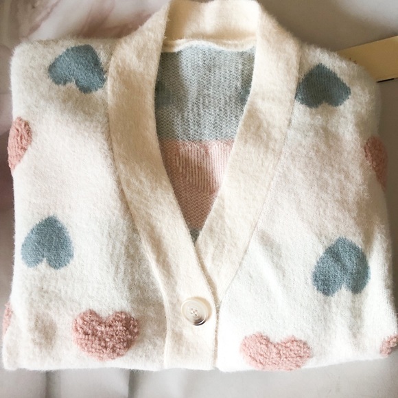 Sweater cardigan heart sweater cute button down fuzzy v-neck chunky - Picture 10 of 13